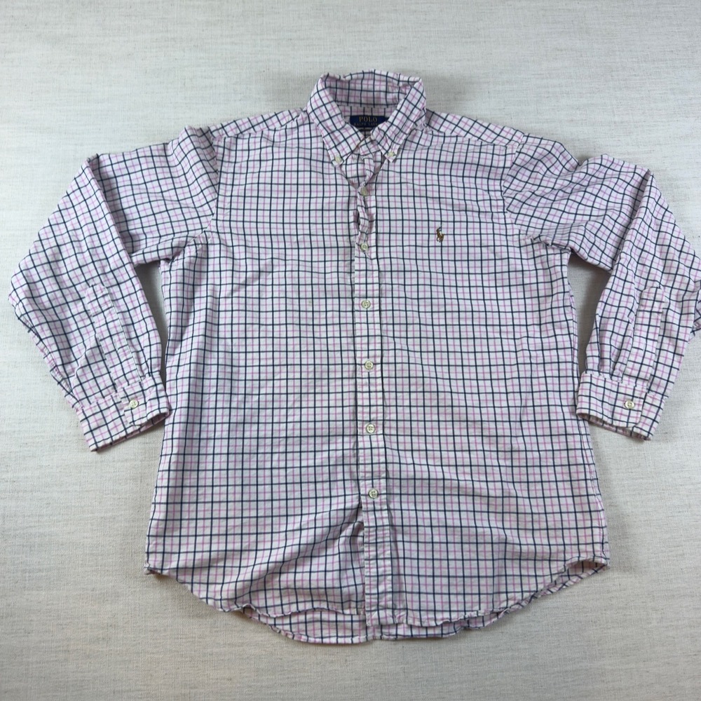 Polo Ralph Lauren Mens Large Classic Fit Pink Navy Tattersall Check Button Shirt
